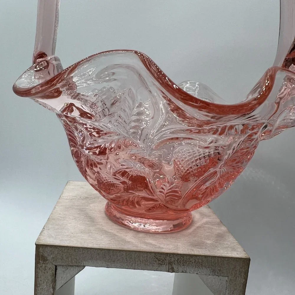 Dusty Rose by Fenton. Thin ruffled edges, rose pattern with applied handle.
